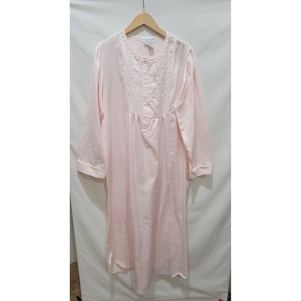 Miss Elaine Classics Pink Floral Embroidered Lace Trim Nightgown Long Sleeve M